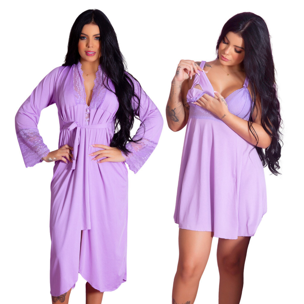 Kit Robe Roupão Longo e Camisola Amamentação Confortável Gestante Prática Maternidade Pós Parto