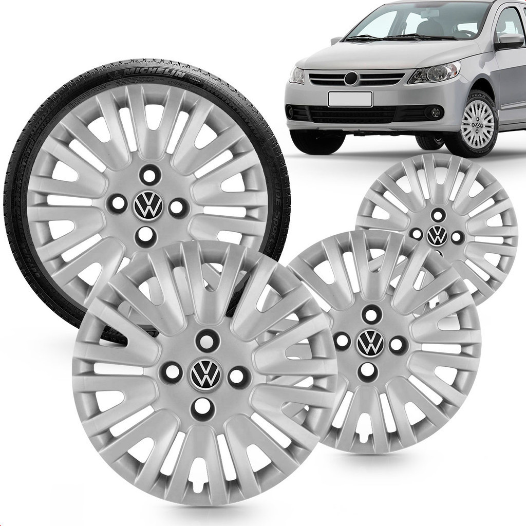 Kit 4 Calotas Gol G5 Power 2009 A 2010 Aro 14 Prata Cubo Alto Grid + Adesivo Resinado 48Mm Vw Preto (4 Pc)
