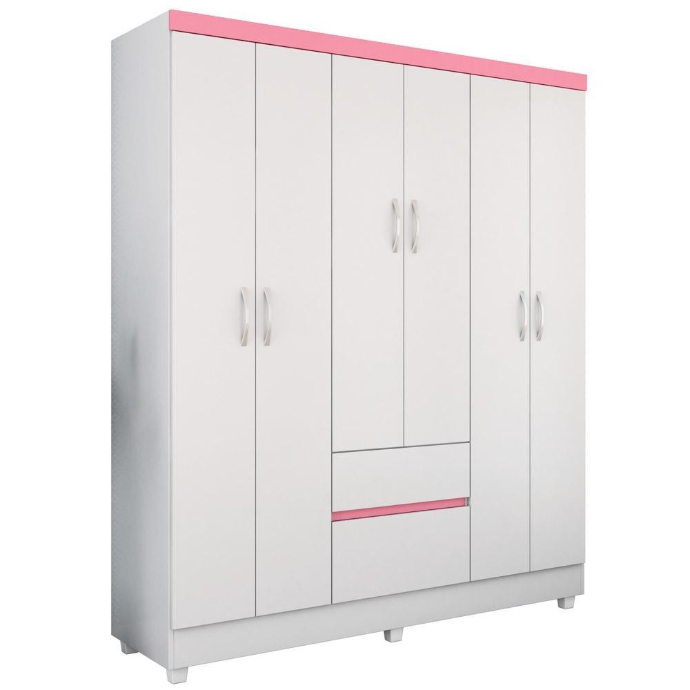 Guarda Roupa Casal Flex 6 Portas 2 Gavetas e Ii D02 Branco/Rosa/Branco Mpozenato - Miniatura 2