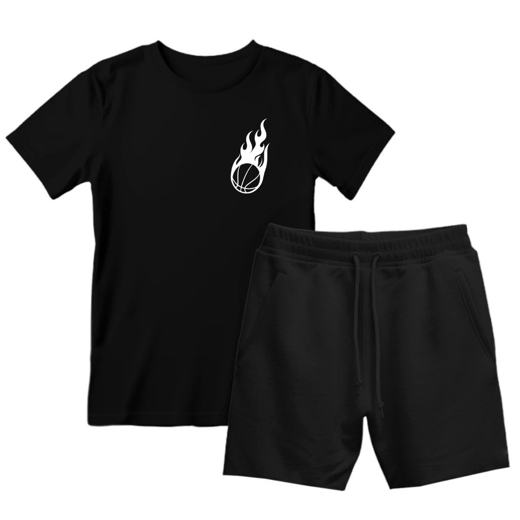 Conjunto Camiseta + Bermuda Infantil Juvenil Masculino Kit Conjunto Estampado Basquete Bola de Fogo