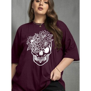 Camiseta Casual Feminina Oversized Fashion Academia Estampa Caveira Crânio T Shirt Plus Size