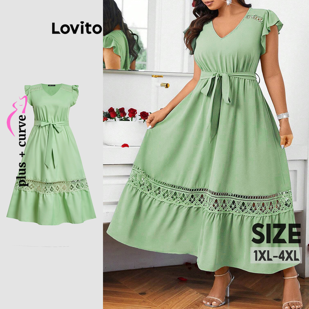 Lovito Vestido Elegante Curva Plus Size Com Babados De Renda Vestido De Verão/Primavera Para Mulheres LBL20536 em Oferta na Shopee