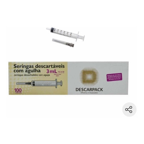 Seringa 3ml Slip Com Agulha Intramuscular 25x7 Descarpack - 100 Unidades