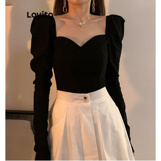 Lovito Casual Blusa Feminina Lisa Romântica Rodada Alinhada LNE24216 (Preto)