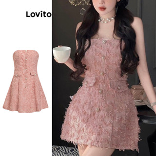 Lovito Vestido De Penas De Bolso Falso Com Botão Liso Fofo Para Mulheres L76AD137