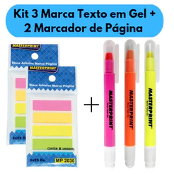 Kit 3 Marca Texto em Gel + 2 Bloco Adesivo Marcador de Página Reto Masterprint
