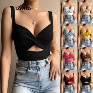 Lovito Regata Casual Lisa Com Recorte Torcido Para Mulheres LNL38051 (Café/Rosa Quente/Branco/Amarelo/Preto)