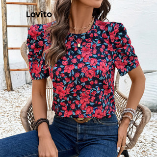 Lovito Blusa casual floral com plissados para mulheres LBL20681 em Oferta na Shopee