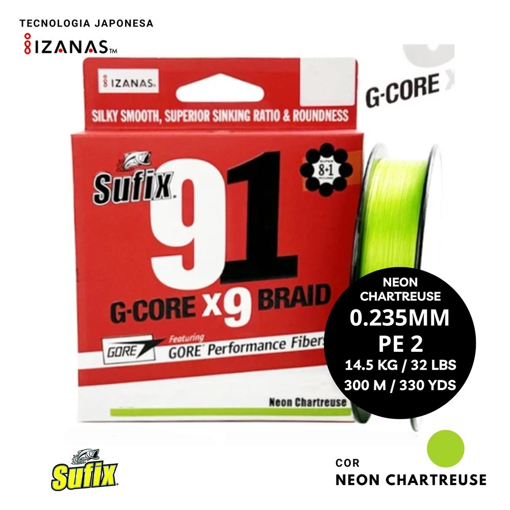 Linha Multifilamento Sufix G-Core X9 Braid Verde Neon 300m 0,23mm | 30lbs | PE 2.0