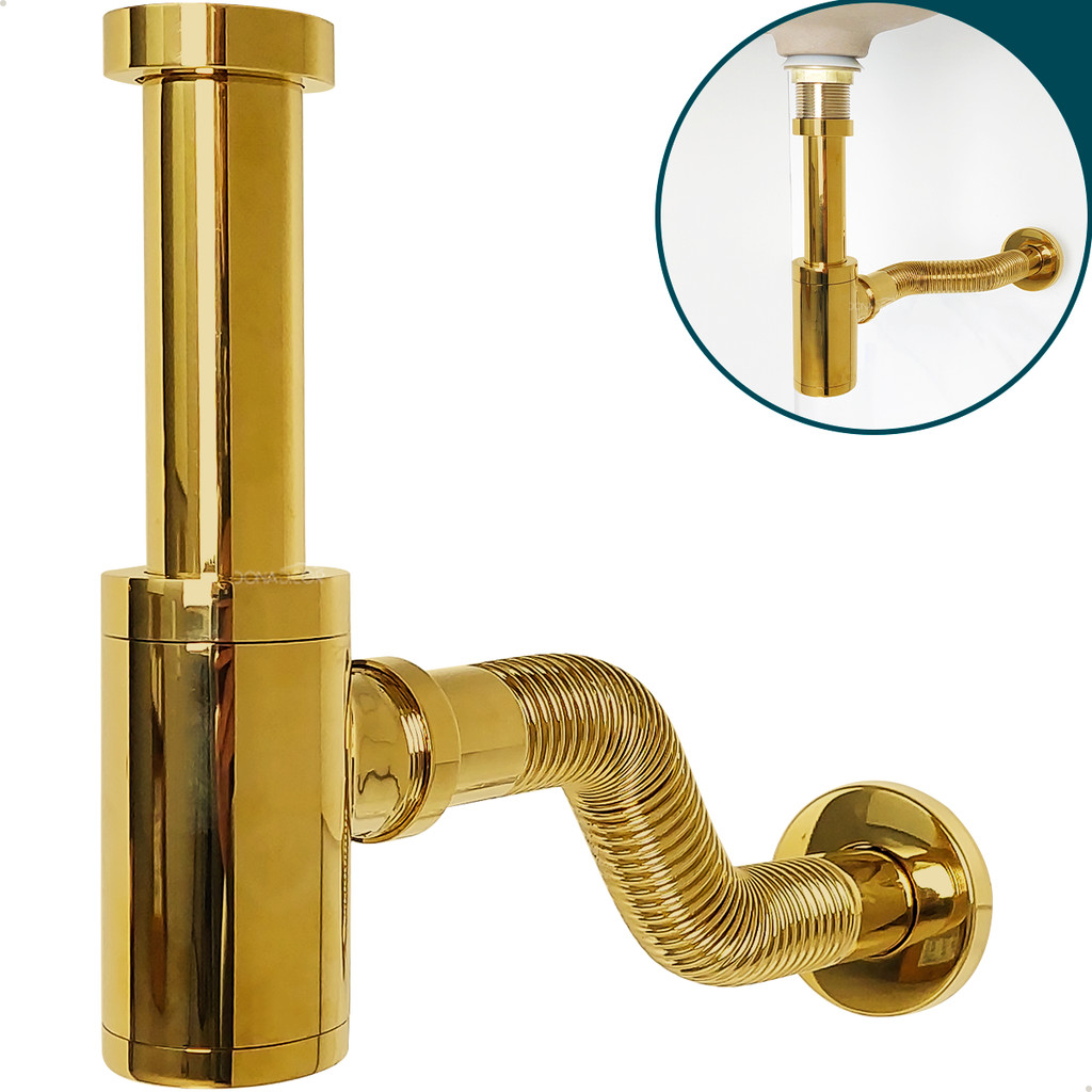 Sifão Copo Dourado Metal 1 1/4 Pol Com Tubo Ajustável Ajustável Para Pia Suspensa Lavatorio Banheiro