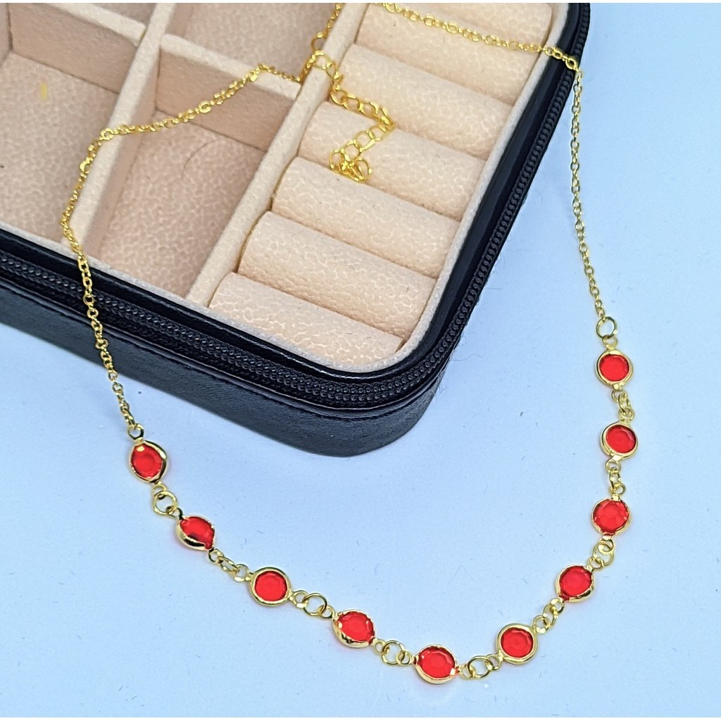 Colar Choker Tiffany Ponto de Luz Cristais Zircônias Pedras Cristal Vermelho Folheado Ouro Tendência