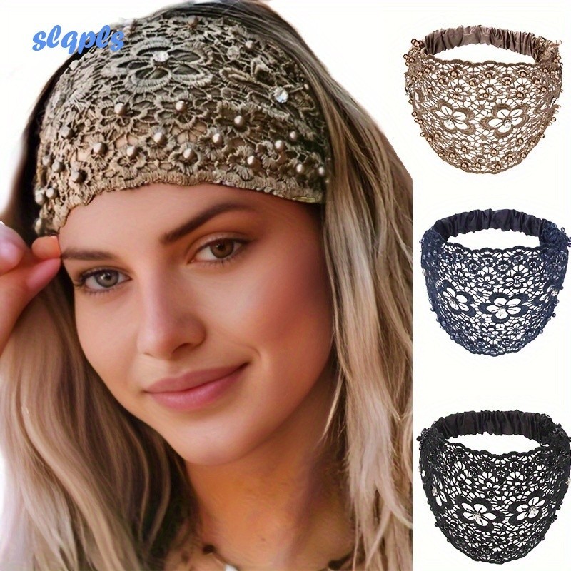 Fita Floral De Renda Com Decoração Faux Pearl Decor Hollow Out Wide Head Wrap Hair Accessories For Women em Oferta na Shopee