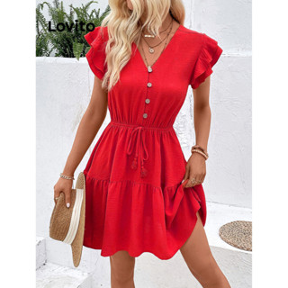 Lovito Vestido Boho Liso Com Renda Frontal Com Botão E Babado Para Mulheres LNL36085 (Vermelho)