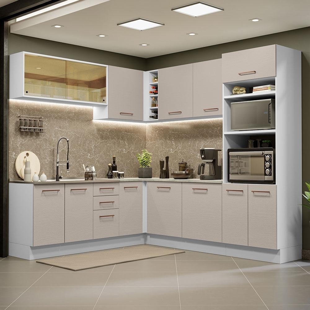 Armário de Cozinha Completa de Canto 459cm Branco/Crema Agata Madesa 01 - Home & Living