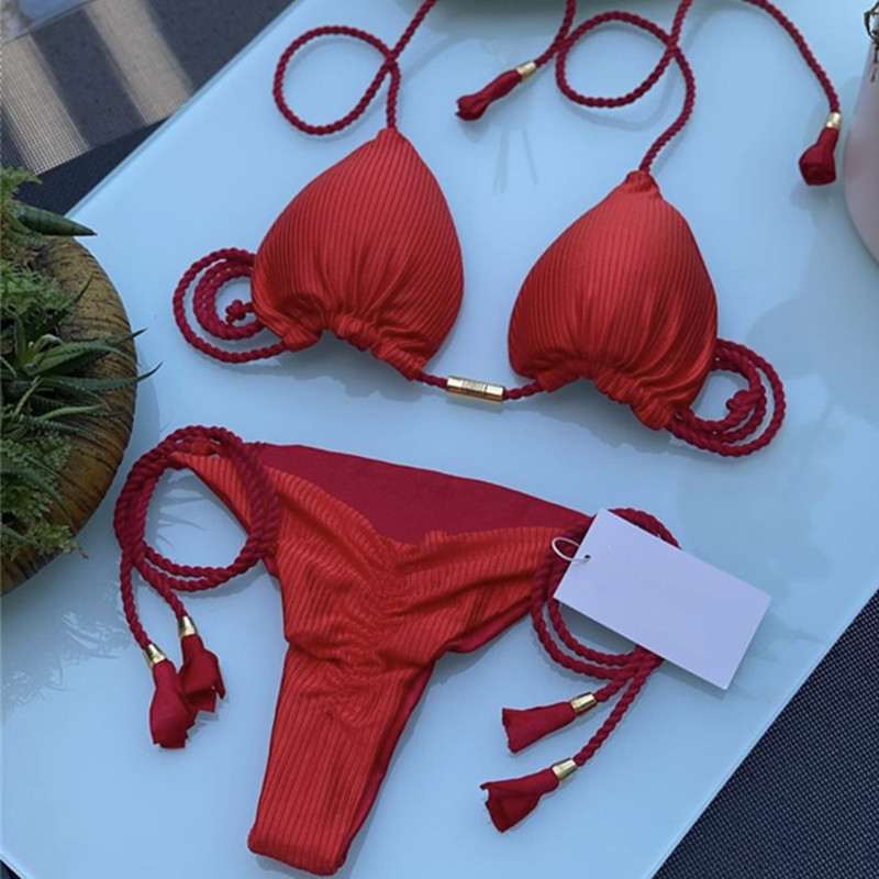 Biquini Feminino Fato de banho de duas peças de tecido especial Split Solid Color Swimsuit