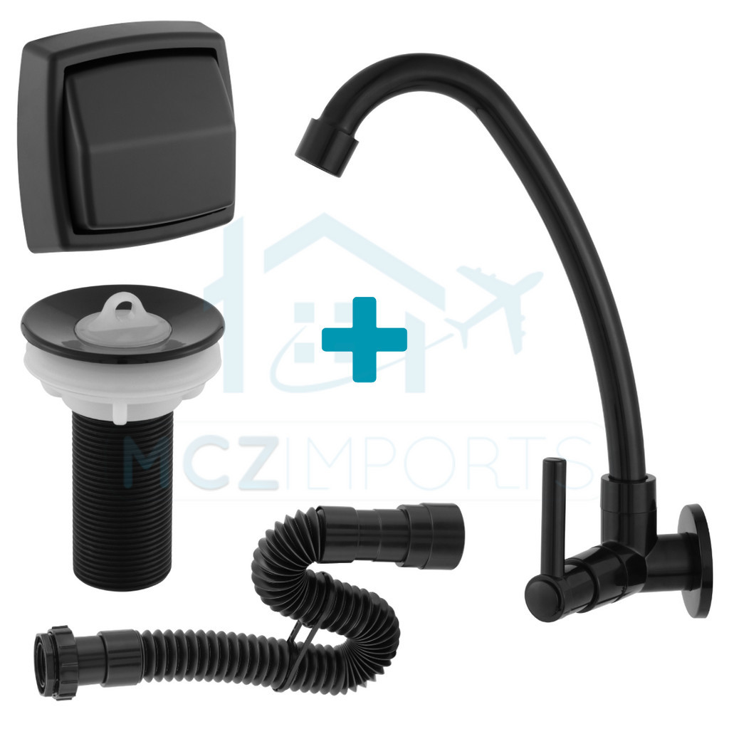 Kit Banheiro Completo Torneira Pia de Banheiro C/ Valvula Lavatório 7/8 + Sifão Preto + Valvula de Descarga