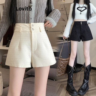 Lovito Shorts Casuais Com Bolso Frontal Com Botão Liso Para Mulheres LNE38227 (Branco/Preto)