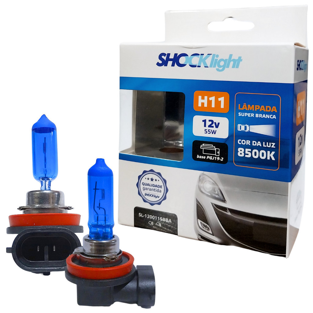 PAR LAMPADA SUPER BRANCA H11 12V 55W HALOGENA 8500K FAROL
