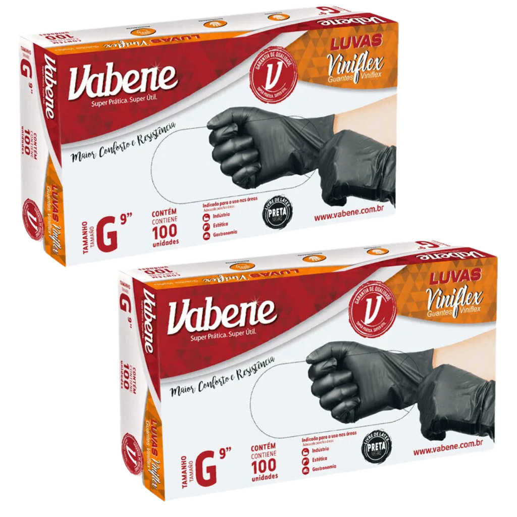 Kit 2 Cartuchos de Luvas Descartável Viniflex Preta ou Trasparente Vabene Sem Pó Tam. P M G 100 UN em Oferta na Shopee