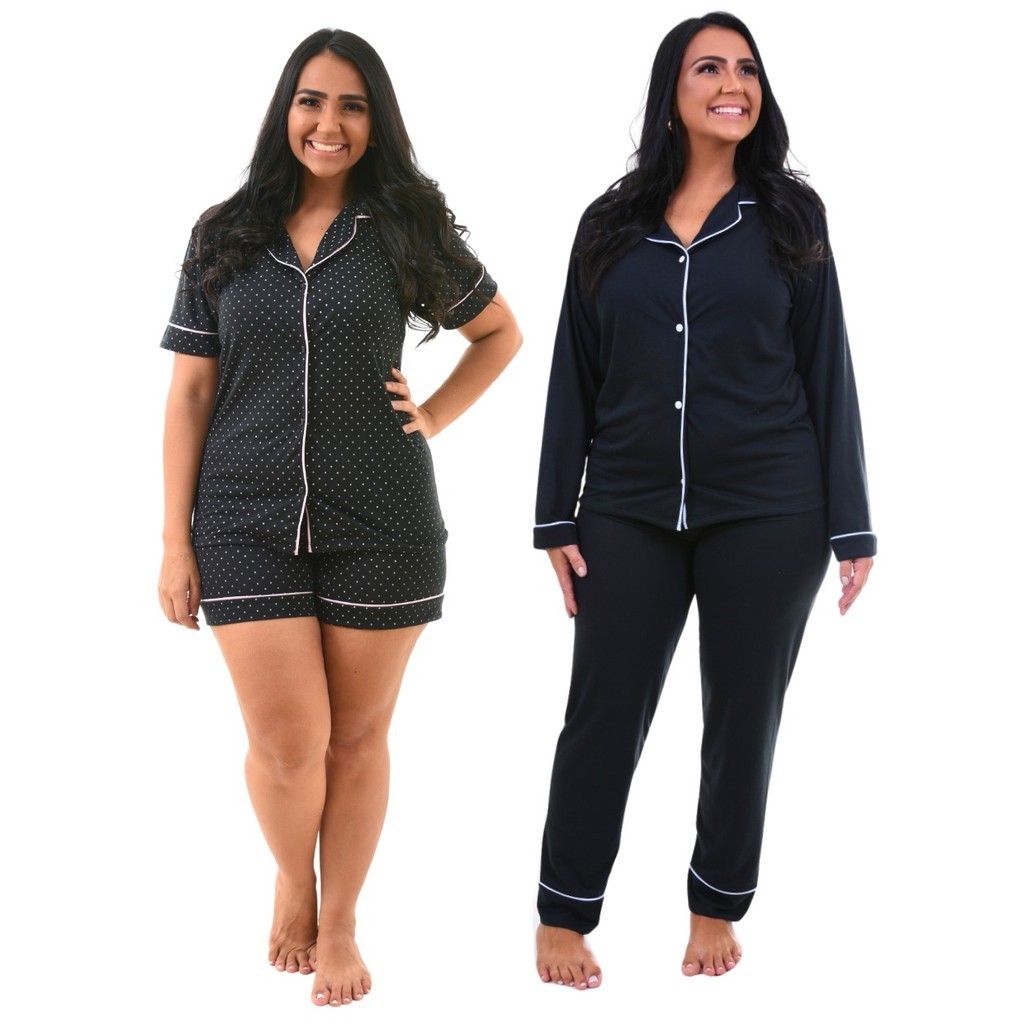 Kit 2 Pijama Feminino Americano Adulto Curto e Longo com Botões Funcionais Premium Cirurgico Amamentação
