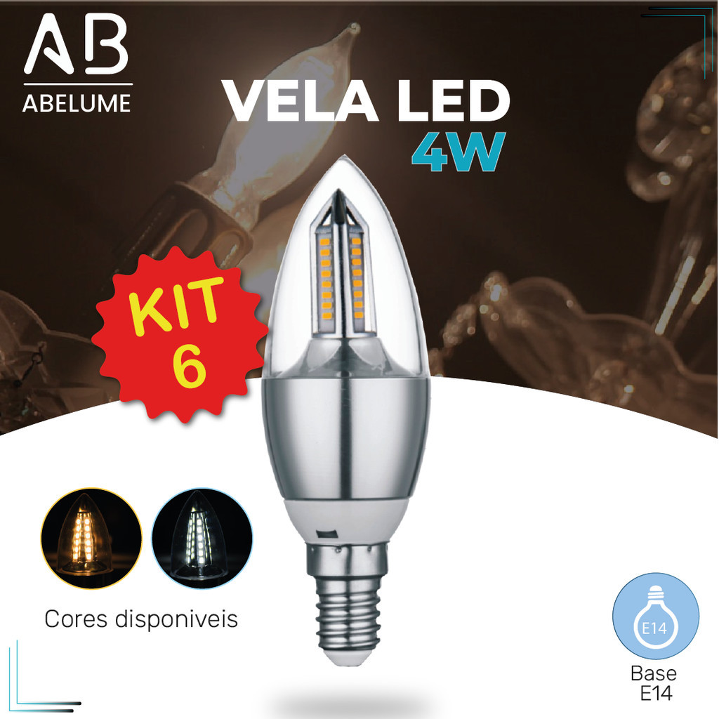 Kit 6 Lâmpada Vela LED para Lustre 4W E14 Pendente Modelo Moderno Branco Frio ou Branco Quente 110V-220V | Bivolt em Oferta na Shopee