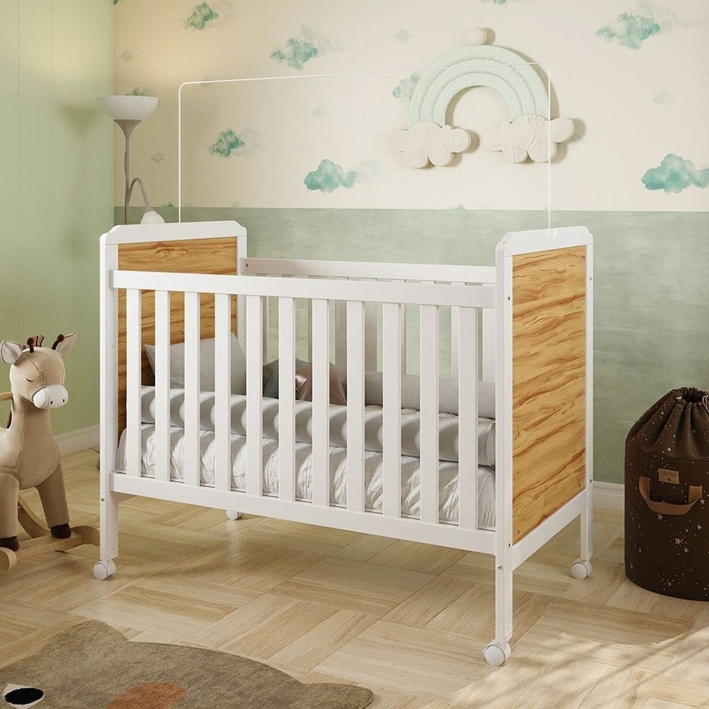 Berço Minicama 2 em 1 Americano 100% MDF Cloe Branco Brilho/Amêndoa - Mom & Baby