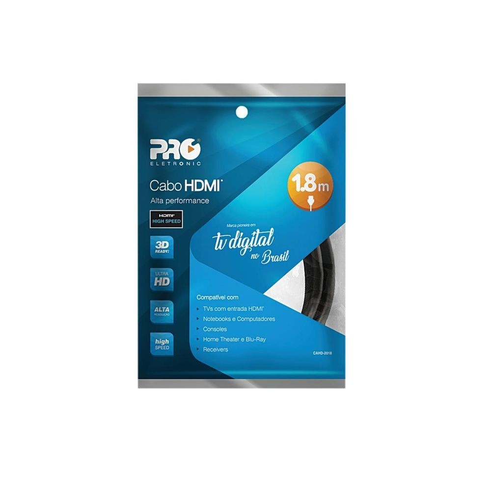 CABO HDMI VERSÃO 2.0 HIGH SPEED ULTRA HD 3D 4K 1,8 METRO - PROELETRONIC