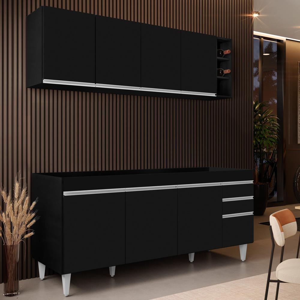 Armário Nevada e Balcão para Pia 180cm Dallas Preto - Lumil em Oferta na Shopee