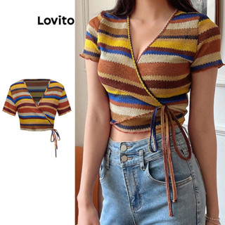 Lovito Casual Camiseta com Detalhe de Amarração e Padronagem Listrada para Mulheres L80ED032