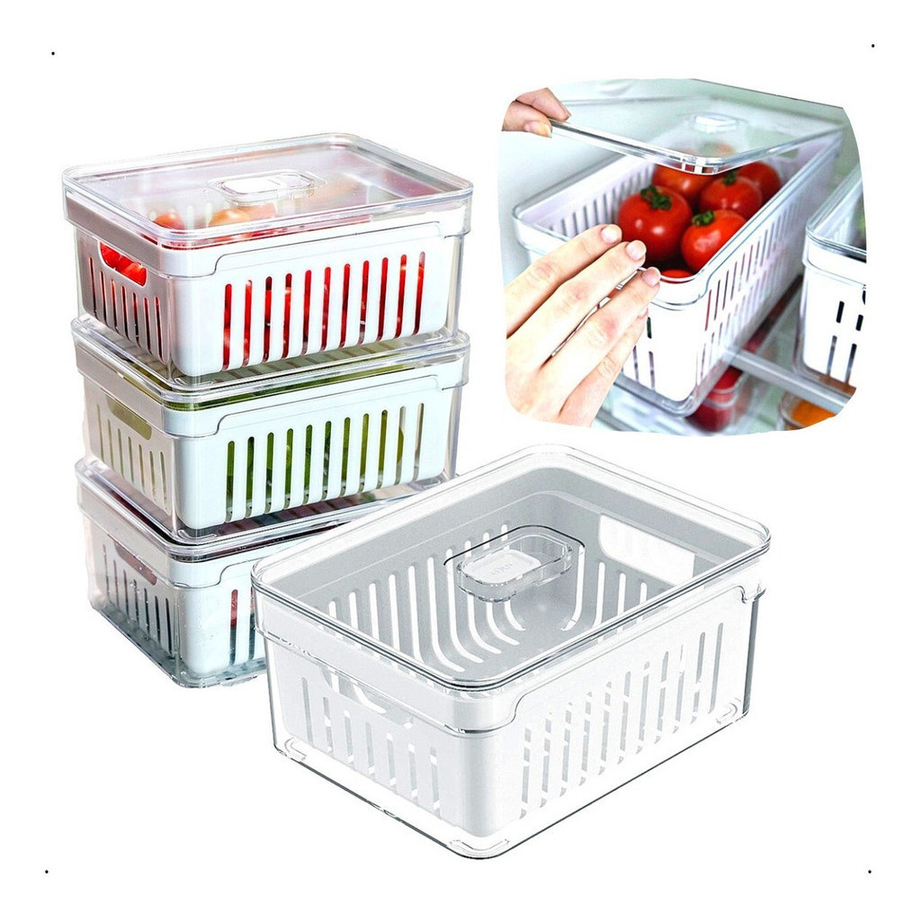 Kit 4 Organizadores Geladeira 2,2 Litros Acrílico Com Cesto para Alimentos Vegetais Cozinha Ou