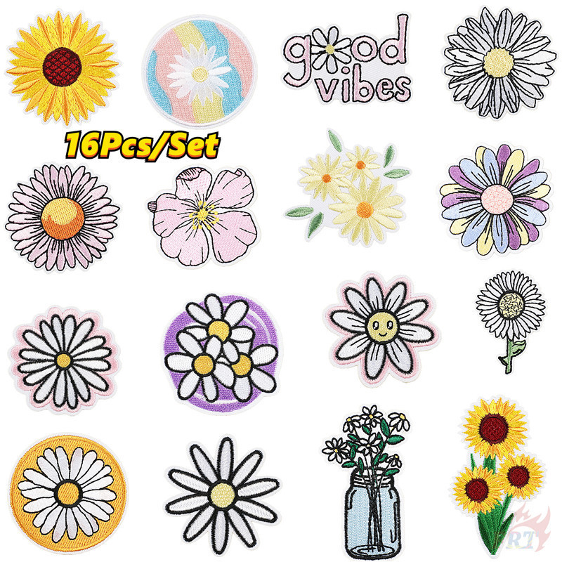 ☸ Patch Para Passar A Ferro Com Flores De Cura Ins 16 Pçs/Set Margarida/Girassol DIY Costura Em Emblemas Patches