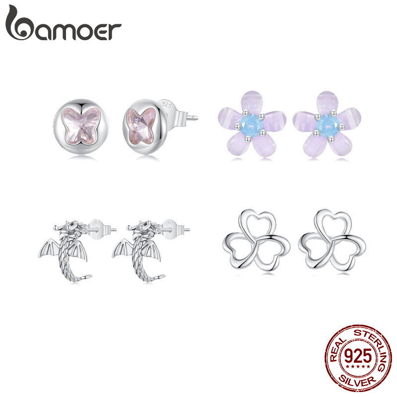 Bamoer 925 Sterling Sliver Stud Brincos De Borboleta Com Flor Roxa Clover Flying Dragon Design Jóias Presentes Para Mulheres em Oferta na Shopee