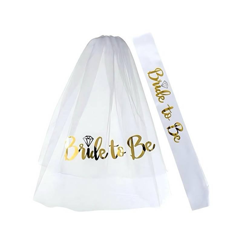 kit : veu com escrita + faixa bride tobe dourado