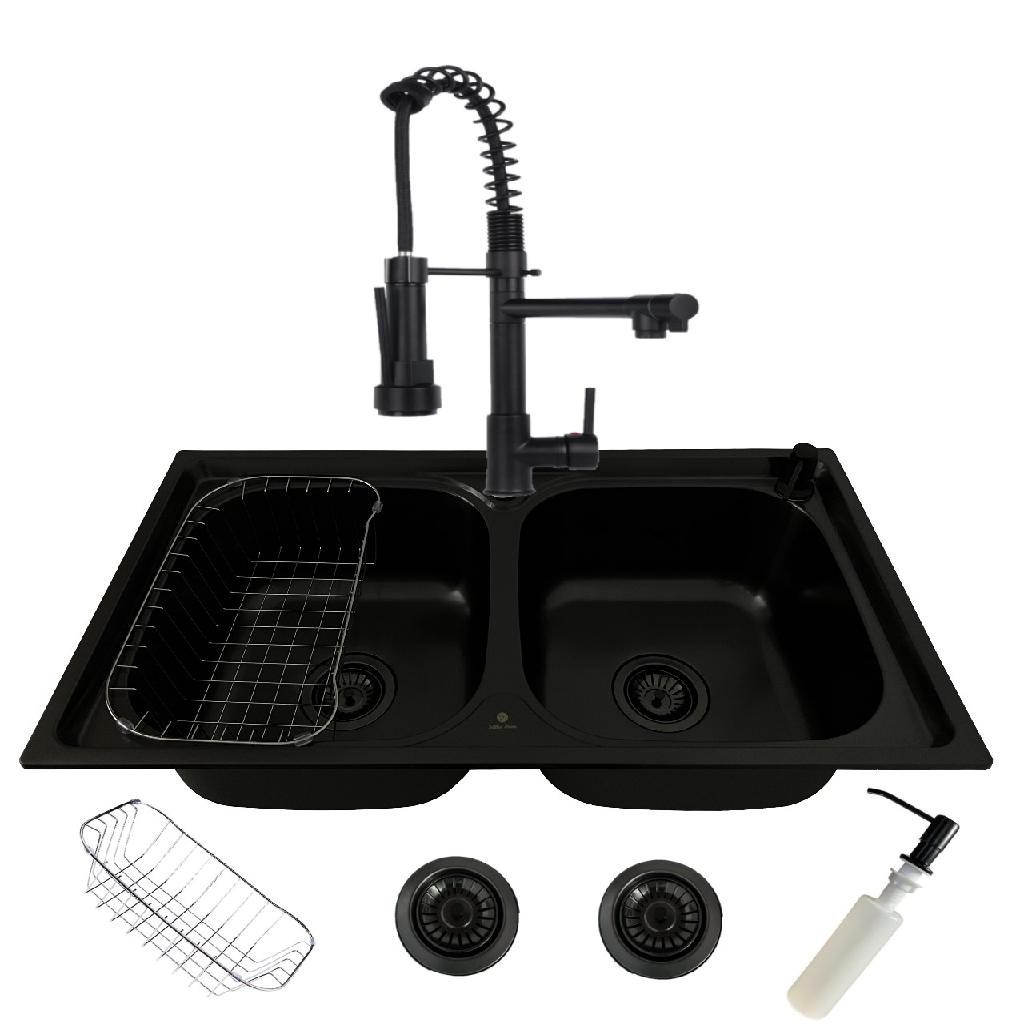 Cuba Dupla Gourmet Cozinha Aço Inox 78x43 Preta E Torneira