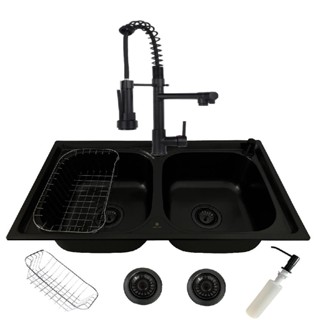 Cuba Dupla Gourmet Cozinha Aço Inox 78x43 Preta E Torneira