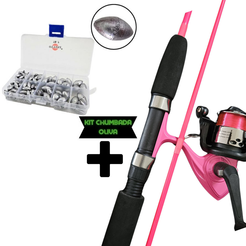 Kit Pesca Completo Rosa Vara + Molinete + Linha + Chumbada + Estojo Caixa Pescaria Barato Pescaria