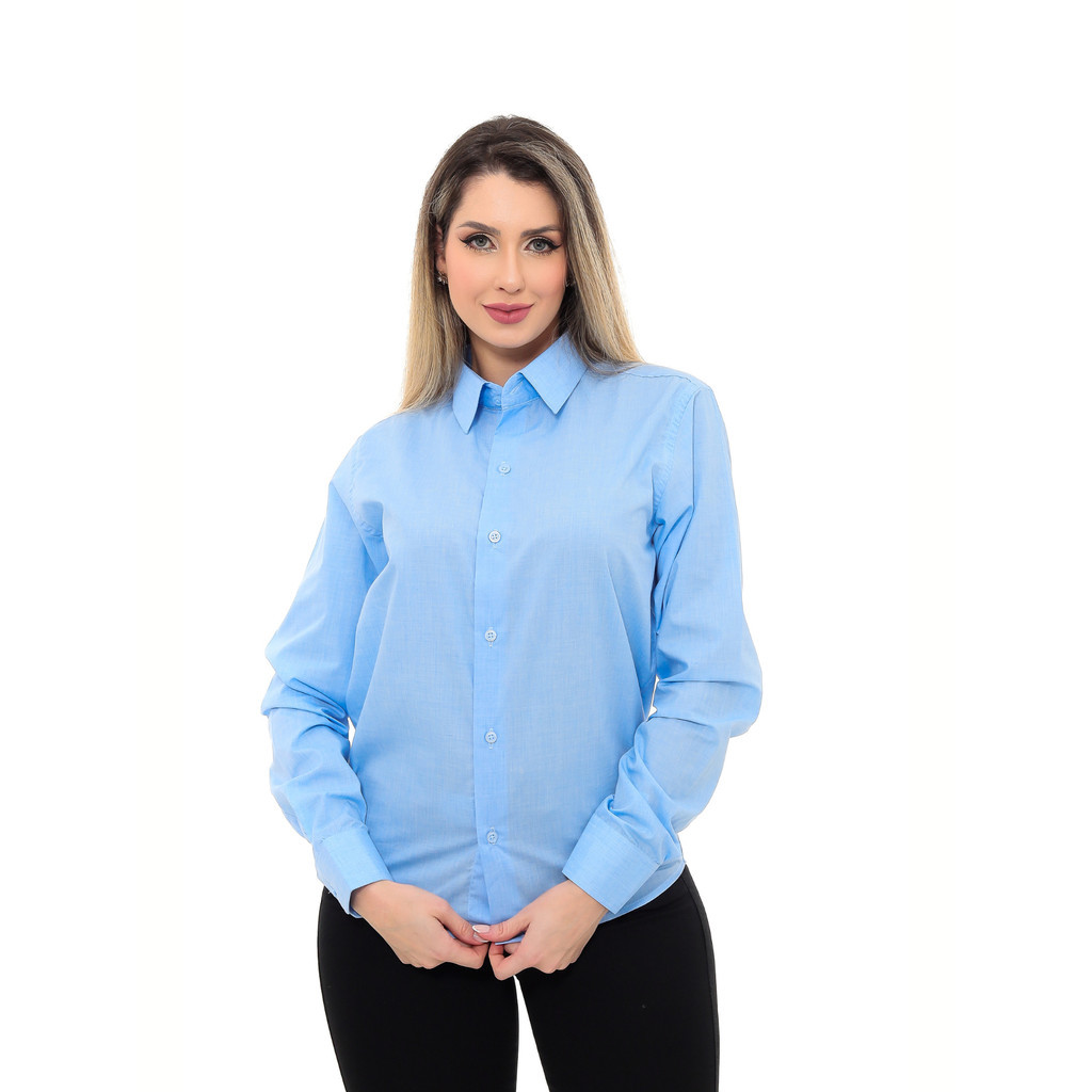 Camisa Social Feminina Premium Tipo Linho Azul Claro