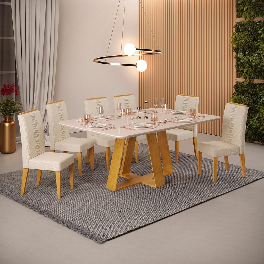 Conjunto Sala de Jantar 6 Cadeiras Tampo Curvo DJ Móveis Kiara Cedro Yasmin Linho Neve em Oferta na Shopee
