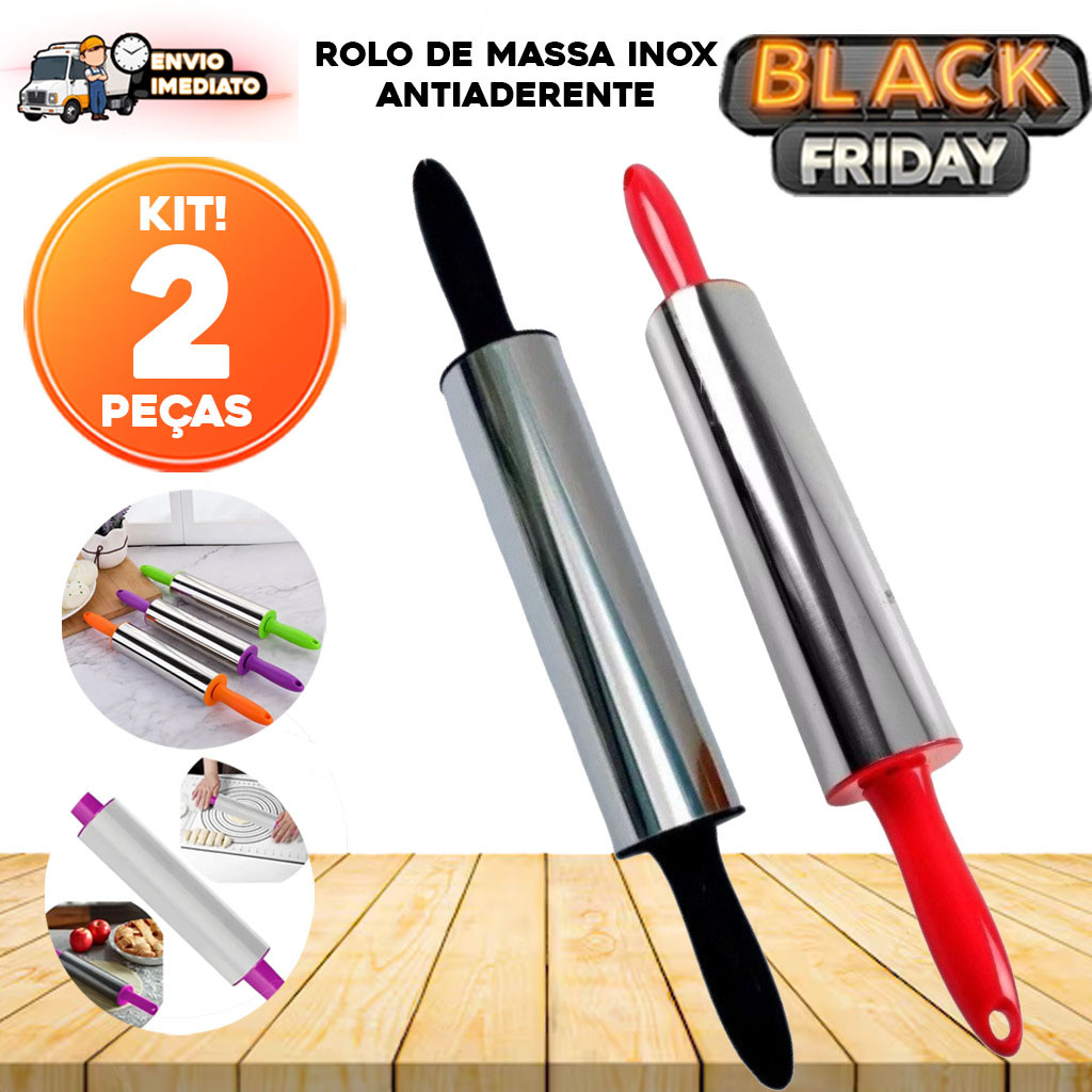 Kit 2 Rolos de Massa Giratório Profissional em Inox Antiaderente - Para Pizza, Pão, Macarrão e Mais