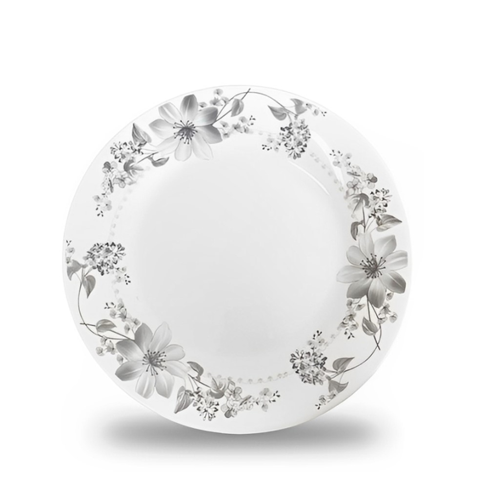 Jogo 6 Prato Raso de Vidro Branco Flores Cinza Flowers Grey 26cm Em Casa Tem