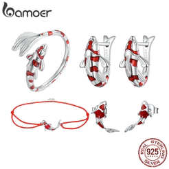 BAMOER Guardião Lucky Fish Rope Chain Bracelet Brincos Para Casal 925 Sterling Silver Star Esmalte Jóias Amizade Fashi