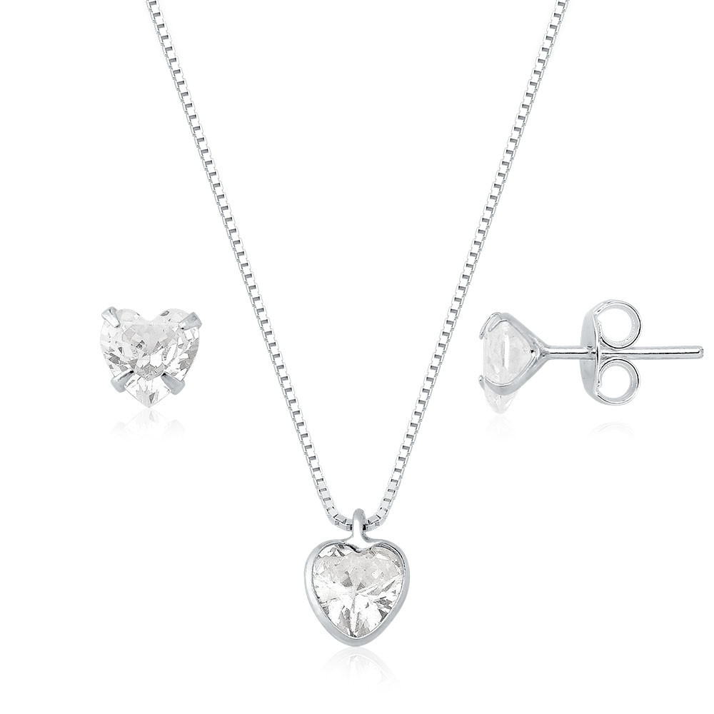 Conjunto colar e brincos coração prata 925 40cm em Oferta na Shopee