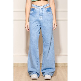 Calça Feminina Jeans Wide Leg Vazada - Azul