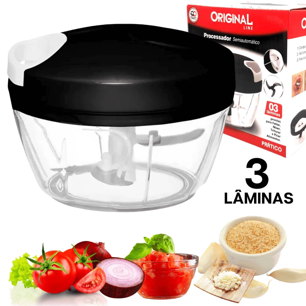 Mini Processador de Alimentos Manual C/ 3 Lâminas Inox 500ml Triturador, Picador e Cortador!