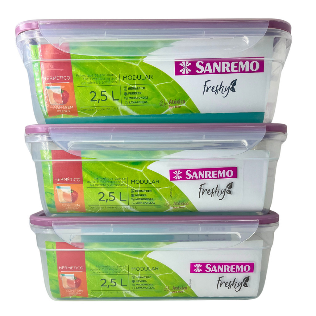 Kit 3 Potes Grandes Plástico Sanremo 2,5L Organizador de Frutas Geladeira Cozinha Hermético com Travas Laterais Rosa
