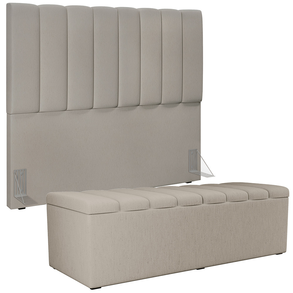 Kit Cabeceira Cama Box Casal 140cm e Calçadeira Recamier Baú Dália W01 Linho Bege - Lyam Decor