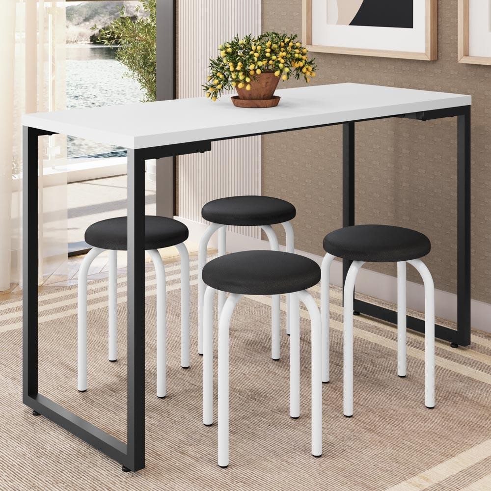 Mesa de Cozinha Bistrô Porto Branco 120cm com 4 Banquetas Industriais Maviê Preto/Branco - Mpozenato