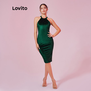 Lovito Elegante Vestido Feminino Liso com Lantejoulas LBL08362