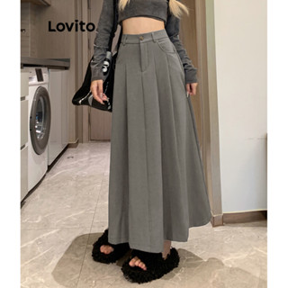 Lovito Saias Plissadas Casuais Com Botão Liso E Bolso Para Mulheres LNE35221 (Cinza/Branco/Preto)