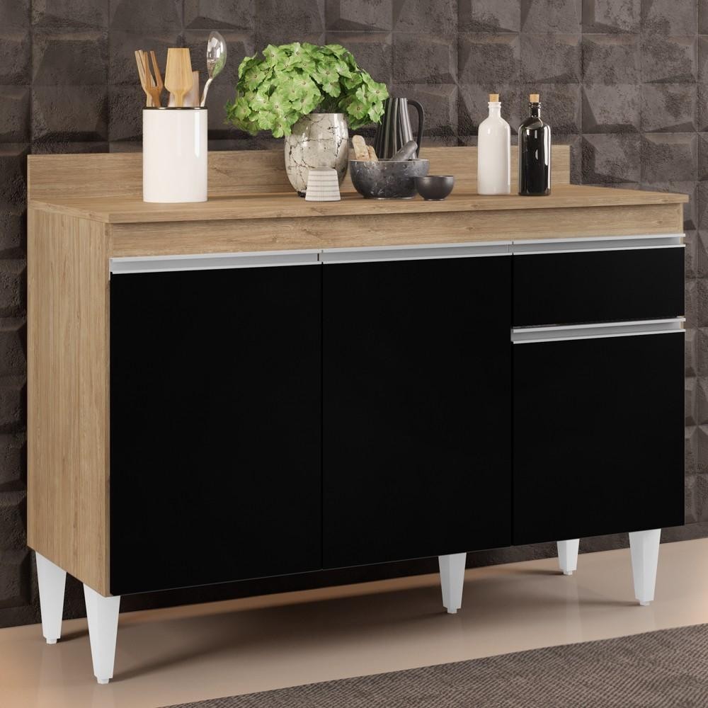 Balcão Gabinete 120cm Com Tampo 3 Portas 1 Gaveta Arizona Castanho/Preto - Lumil Móveis em Oferta na Shopee